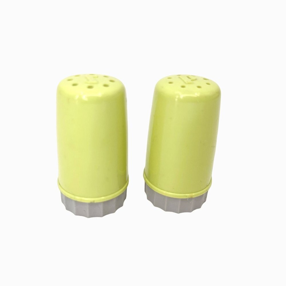VINTAGE SPRING GREEN & GRAY HARD PLASTIC SALT & PEPPER SHAKERS